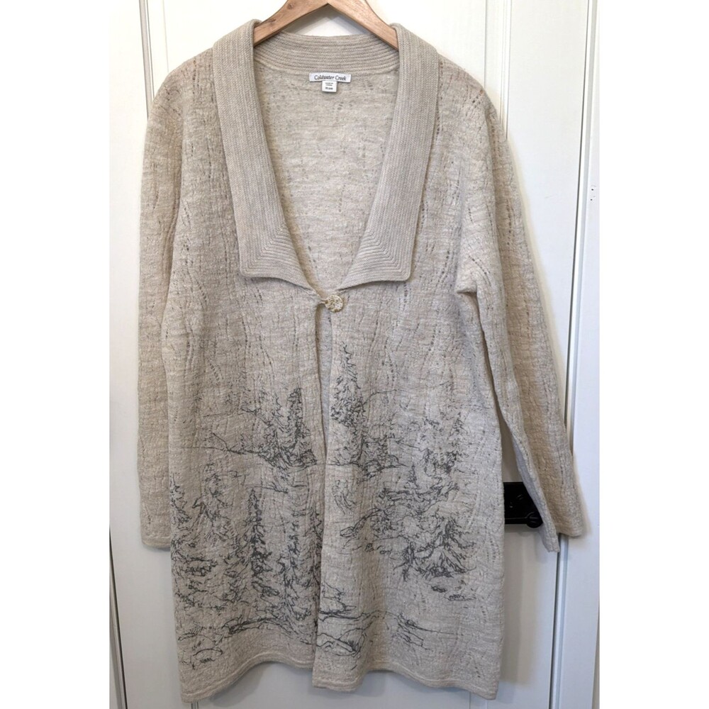 Coldwater Creek Beige Alpine Tree Print Knee Length Cardigan XL 18 100% Wool